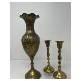 Brass Vase, Two Candleholders