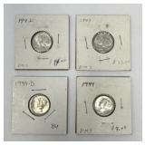 Four Different BU Mercury Dimes