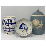 Pottery Vase, Koi Bowl and Shell Cookie Jar