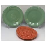Salmon Egg Plate and Two Green Fiesta Bowls