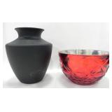MATTE BLACK TERRACOTA VASE, RED GLASS BOWL