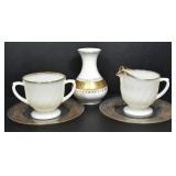MILK GLASS CREAMER, SUGAR BOWL AND VASE