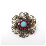 FLOWER BROOCH WITH FAUX TURQUOISE STONE