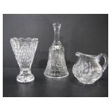 UNSIGNED CRYSTAL VASE, CREAMER, BELL