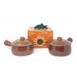 FRENCH ONION SOUP BOWLS AND IRREGULAR POTTERY BOX