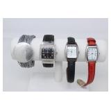 3 WRIST WATCHES & 1 SILVER TONED BRACELET