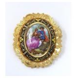 TOLEDOWARE BROOCH W/ PORCELAIN COURTING SCENE