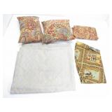 MEDIEVAL ART TABLE CLOTH, SHEETS, 2 THROW PILLOWS