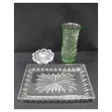 GREEN GLASS VASE, CUT GLASS ASHTRAY & SERVING TRAY