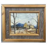 OIL ON BOARD 'YELLOW BARN' SIGNED INDISCERNIBLY