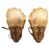 Pair Lightolier Art Deco Glass Gilt Wall Sconces