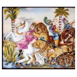 Capodimonte Porcelain Wall Plaque, Lion Hunt