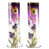 Moser Aubergine Vases, Hand Enameled