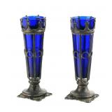 Pair M. Bros. Cobalt Glass & Silver Bud Vases