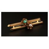 22KT Gold Emerald and Pearl Brooch Bar Pin