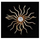 14KT Gold and Diamond Sunburst Brooch Pin