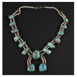 Navajo Silver Turquoise Squash Blossom, Signed