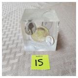Vtg Acrylic Cube Coin Display Paperweight