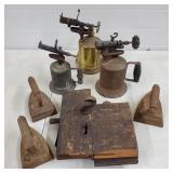 Lot of Vintage Brass Blow Torches, Antique Irons,