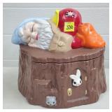 Vtg Ceramic Sleeping Gnome on Tree Stump Statue