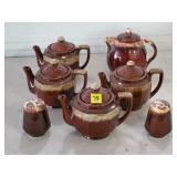 Lot of Vtg USA Brown Dripware Teapots & S&P Shakes
