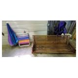 Vtg Wood Porch Swing, Umbrella, Folding Chair