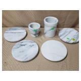 Lot of 6 White Veined Marble Kitchen Accessories