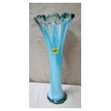 Vtg Hand Blown Art Glass Blue & White Stretch Vase