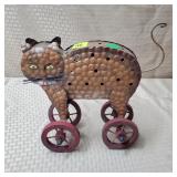 Metal Cat on Rolling Wood Wheels Tea Light Holder