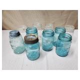 Lot of Antique Blue Mason Jars & Clear Mason Jars