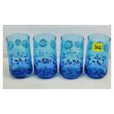 Lot of 4 Libbey Blue Meadow Daisy Glass Tumblers