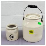 Vintage Stoneware "R" Crock & Wood Handled
