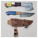 Damascus Steel Knife w/ Blue Handle & Leather
