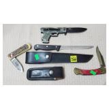 Lot of Pocket Knives, Long Knife w/ Leather Sheath