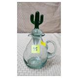 Hand Blown Glass Cruet w/ Cactus Topper - 7 1/4"H