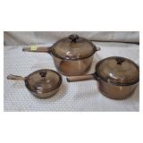 Lot of 3 Corning Visions Amber Glass SaucePans