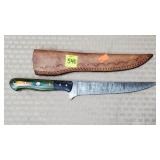 Damascus Steel Knife W/ Leather Sheath