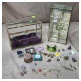Lot of 2 Glass Jewelry Boxes w/ Assorted Costume