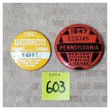 1947, 1974 Pennsylvania Fishing Licenses Pins