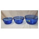 Lot of 3 Anchorware Cobalt Blue Glass Mixing Bowls