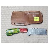 Damascus Steel Knife w/ Leather Sheath