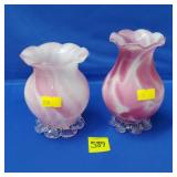 2 Pink Swirl Art Glass Ruffled & Footed Vases