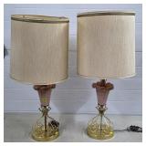 Pair of MCM Pink Floral & Brass Table Lamps