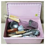 Pink Tote of Assorted Vtg Kitchen Utensils