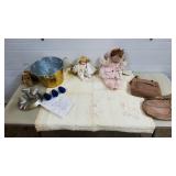 Lot of Dolls, Galvanized Gold Tone Bucket,