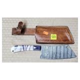 Damascus Meat Clever Knife W/ Leather Sheath