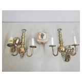 Pair of Brass Electric Wall Sconces, Owl Stonware