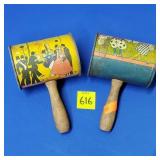 Lot of 2 T. Cohn Vtg Tin Barrel Noisemaker Toys
