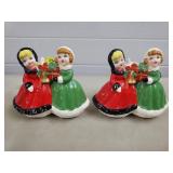 Pair of MCM Xmas Caroler Girlas Ceramic Candle-