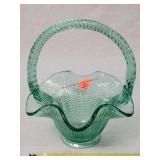 Green Glass Basket W/ Handle Decorative Dish